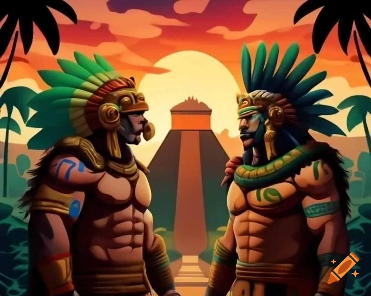 Ancient Mesoamerican warriors in front of Aztec pyramid at sunset