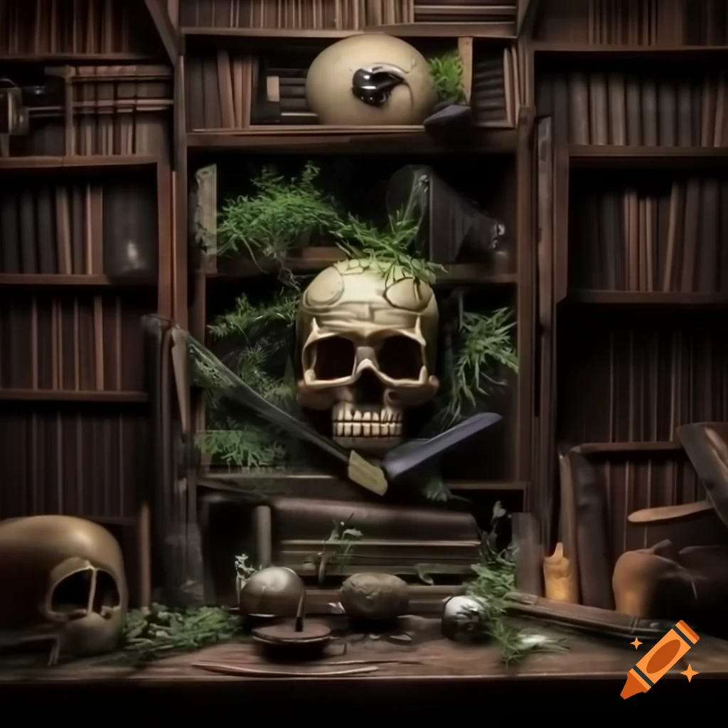 Old witch's bookshelf filled with grimoires, herbs, and potions featuring a decaying skull