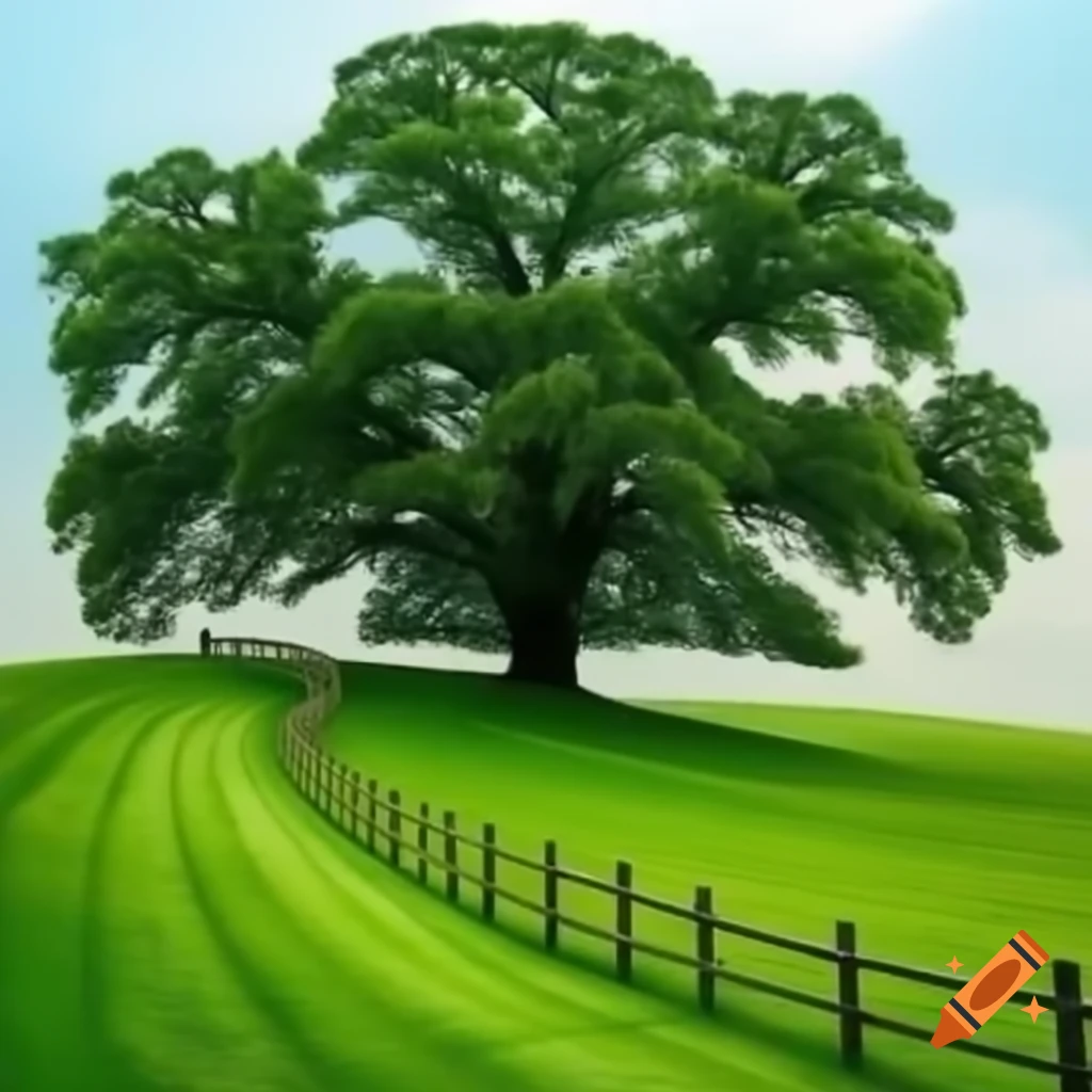 Two oak trees with grass and a fence