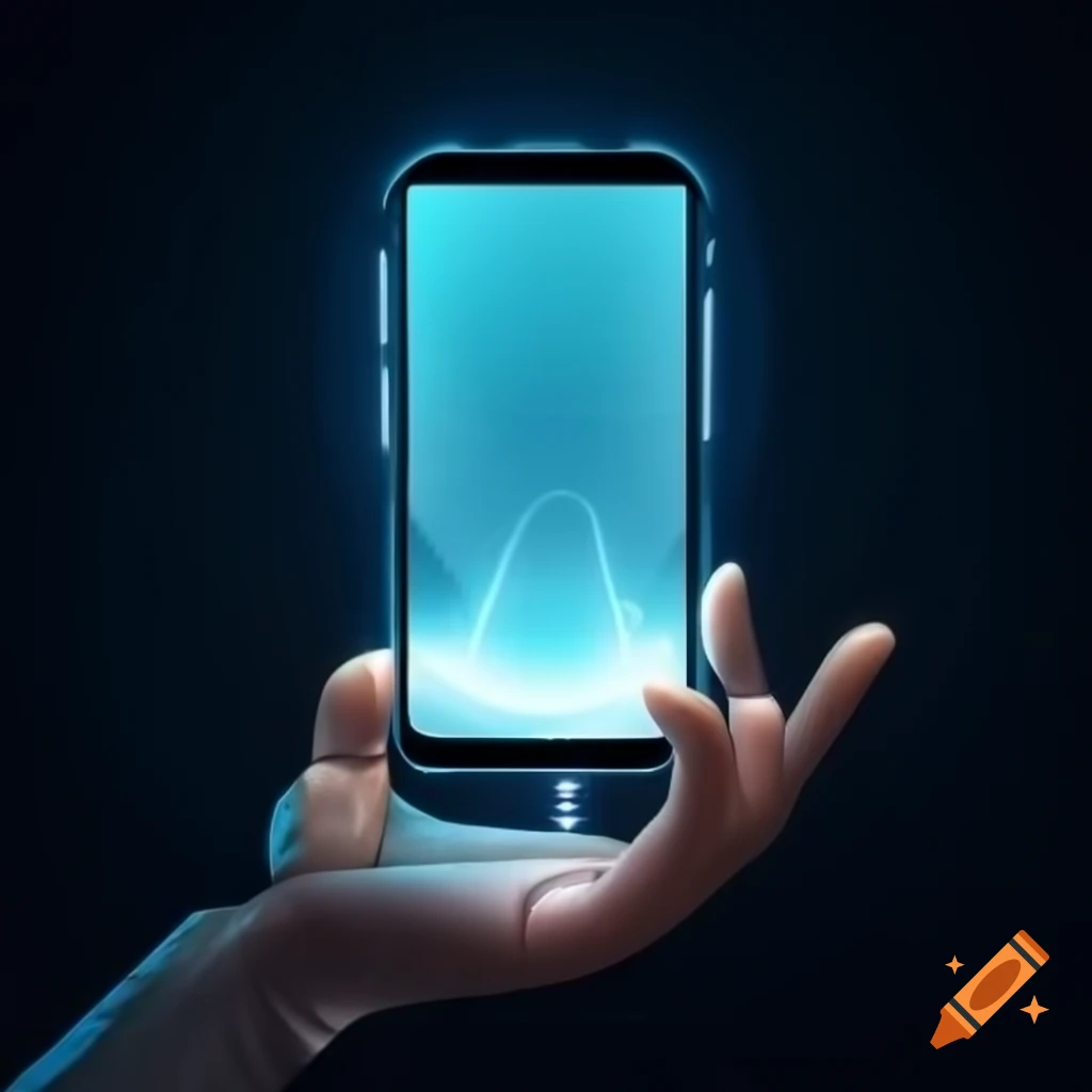 Futuristic smartphone with glowing screen held in hand