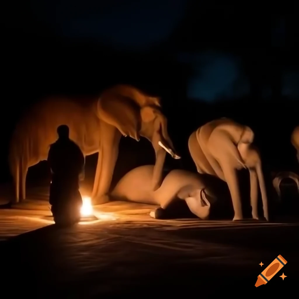 Nighttime at African zoo with sleeping elephants and zookeeper watching