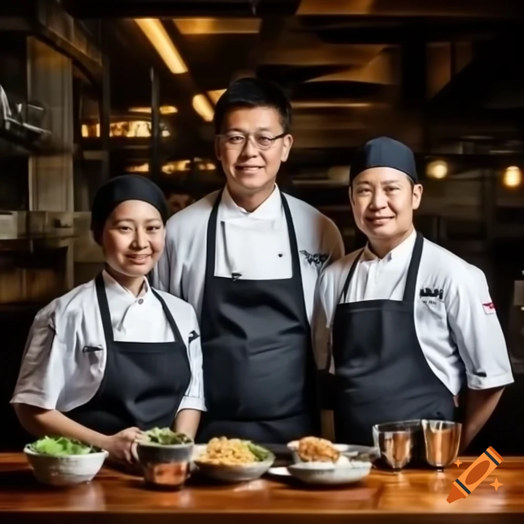 Asian restaurant with chefs and food service staff