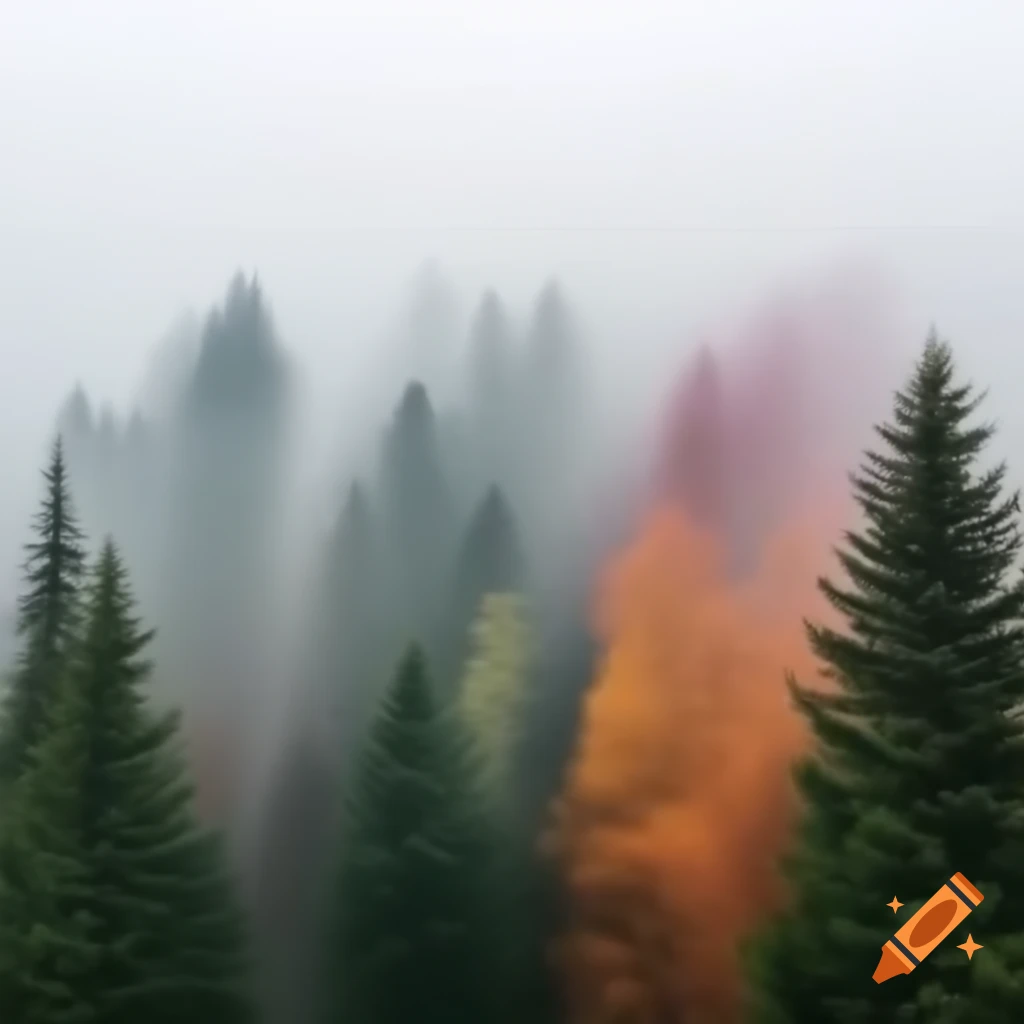 Colorful fog in winter through tall trees