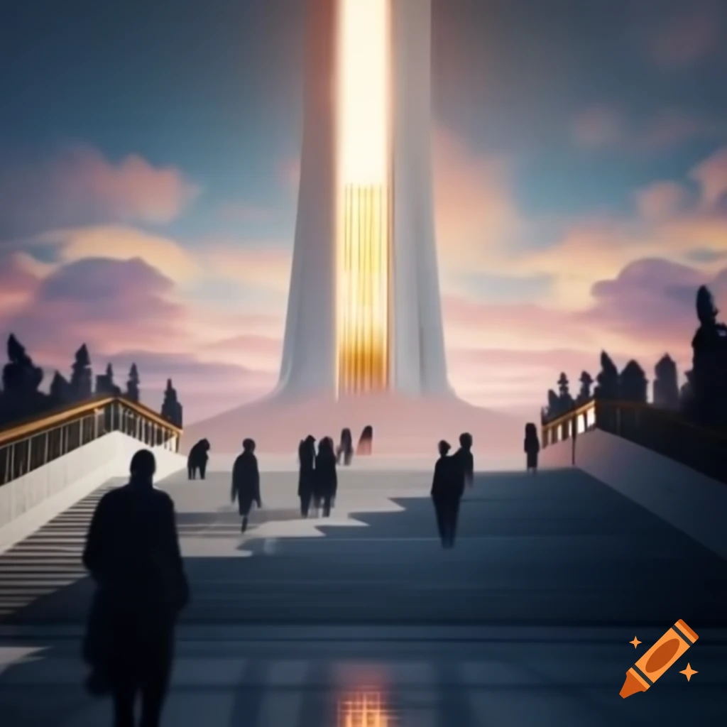 Futuristic utopian propaganda poster with citizens ascending steps toward glowing tower