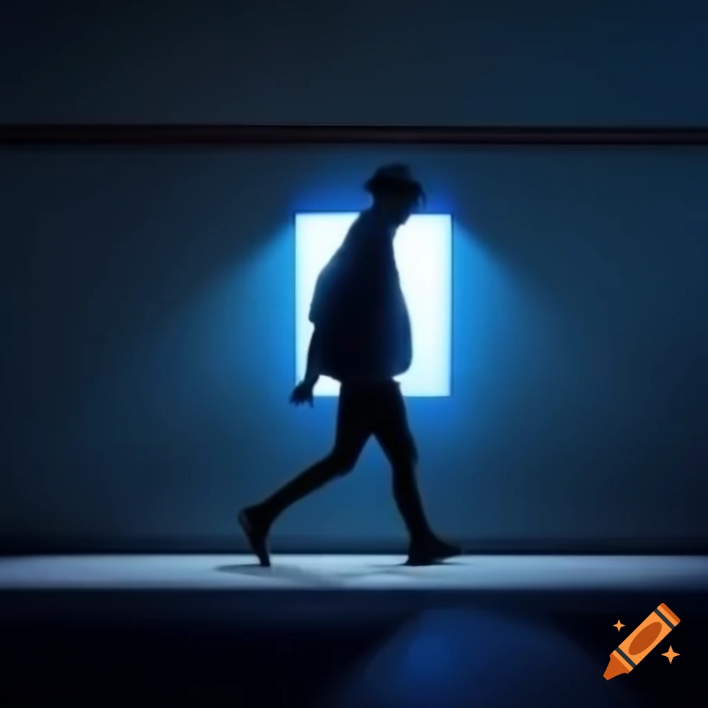 Man walking on wall illuminated by glowing blue light in shadowy background
