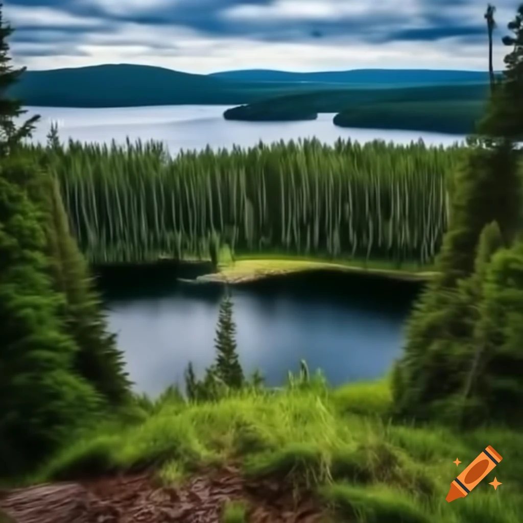 Dense forest along lake shores with grassy clearing across water