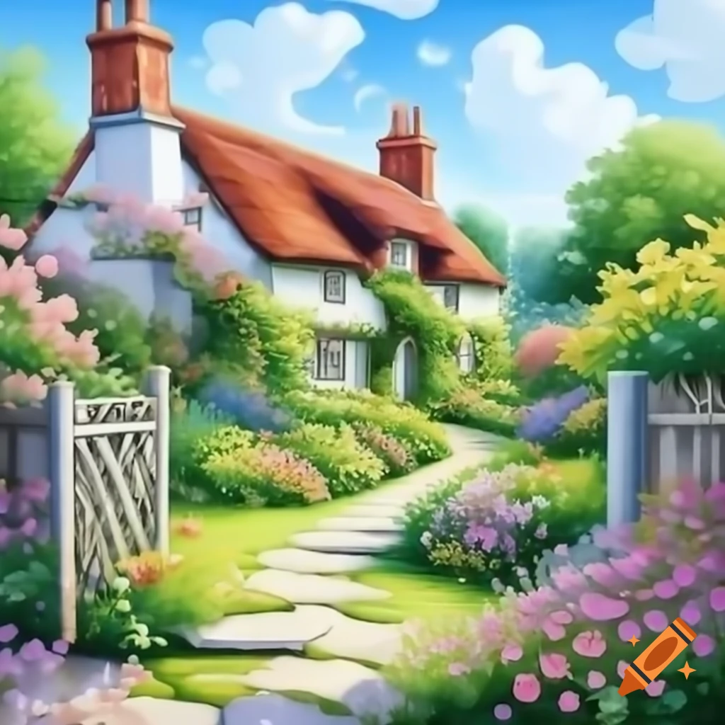 Brightly colored English garden with thatch roof cottage and spring ...