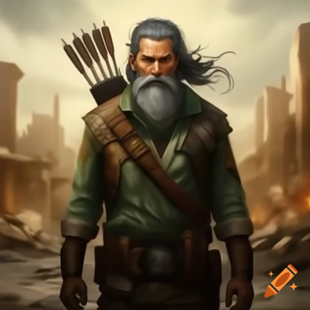 Bow hunter with grey beard and ponytail in post-apocalyptic city