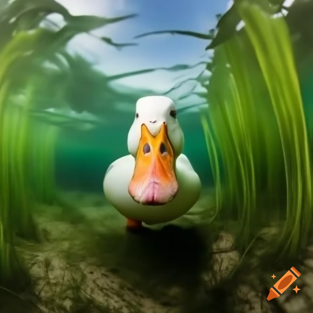 Duck playing with sea grass and algae