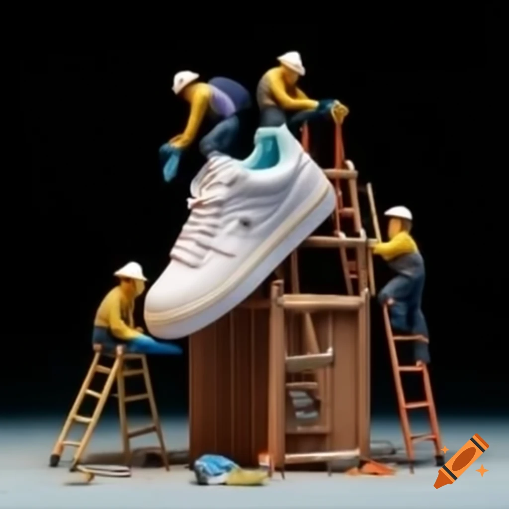 Miniature workers constructing giant sneaker with tools and ladders, macro view