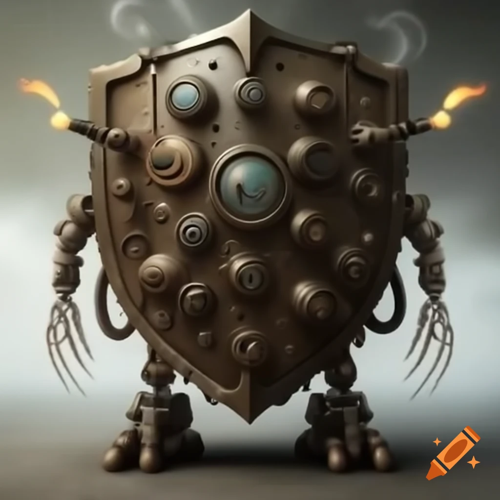 Steampunk robot with shield-shaped steam pipes and sharp paws on Craiyon