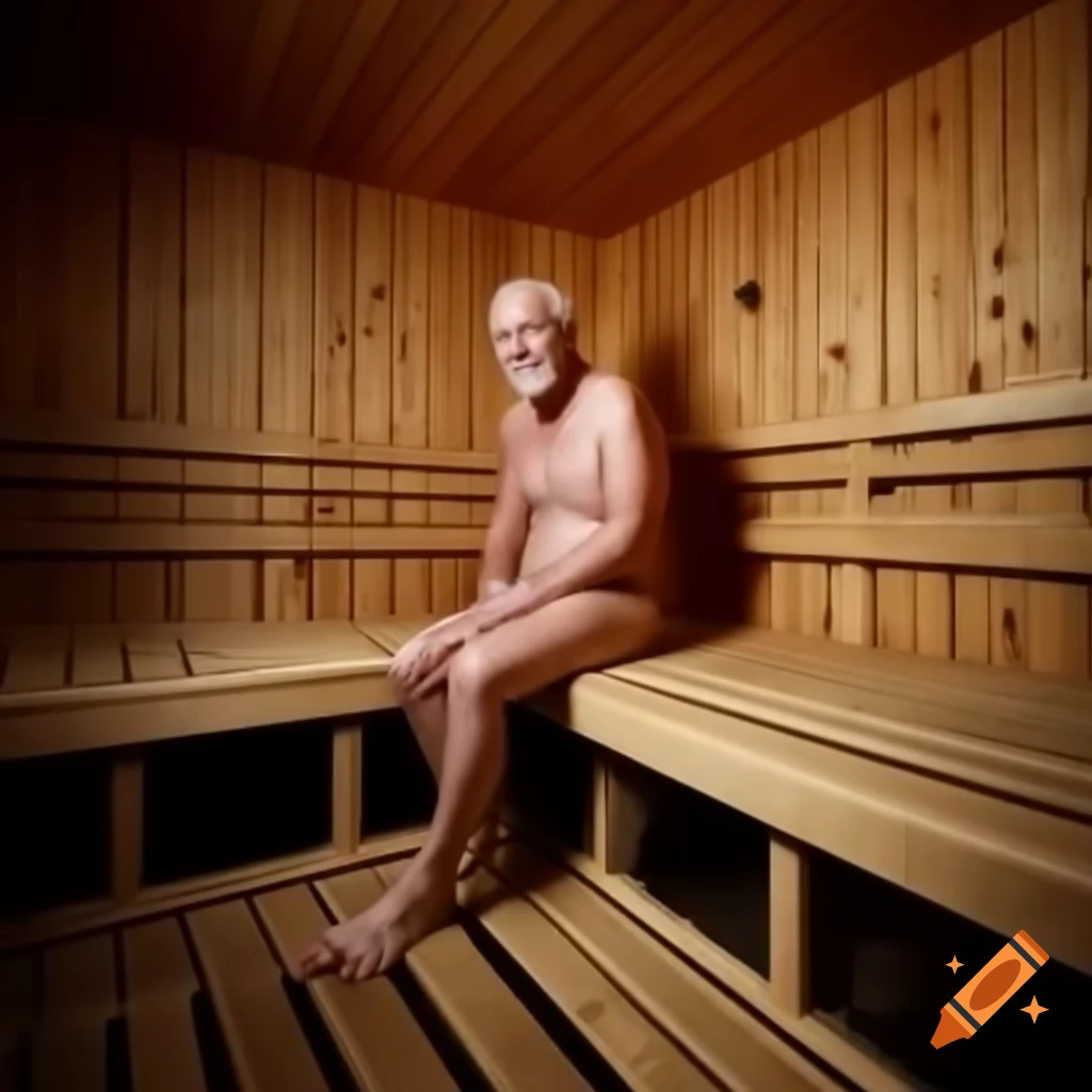 Large old Finnish man in warm sauna with birch twigs, sweating and looking at viewer