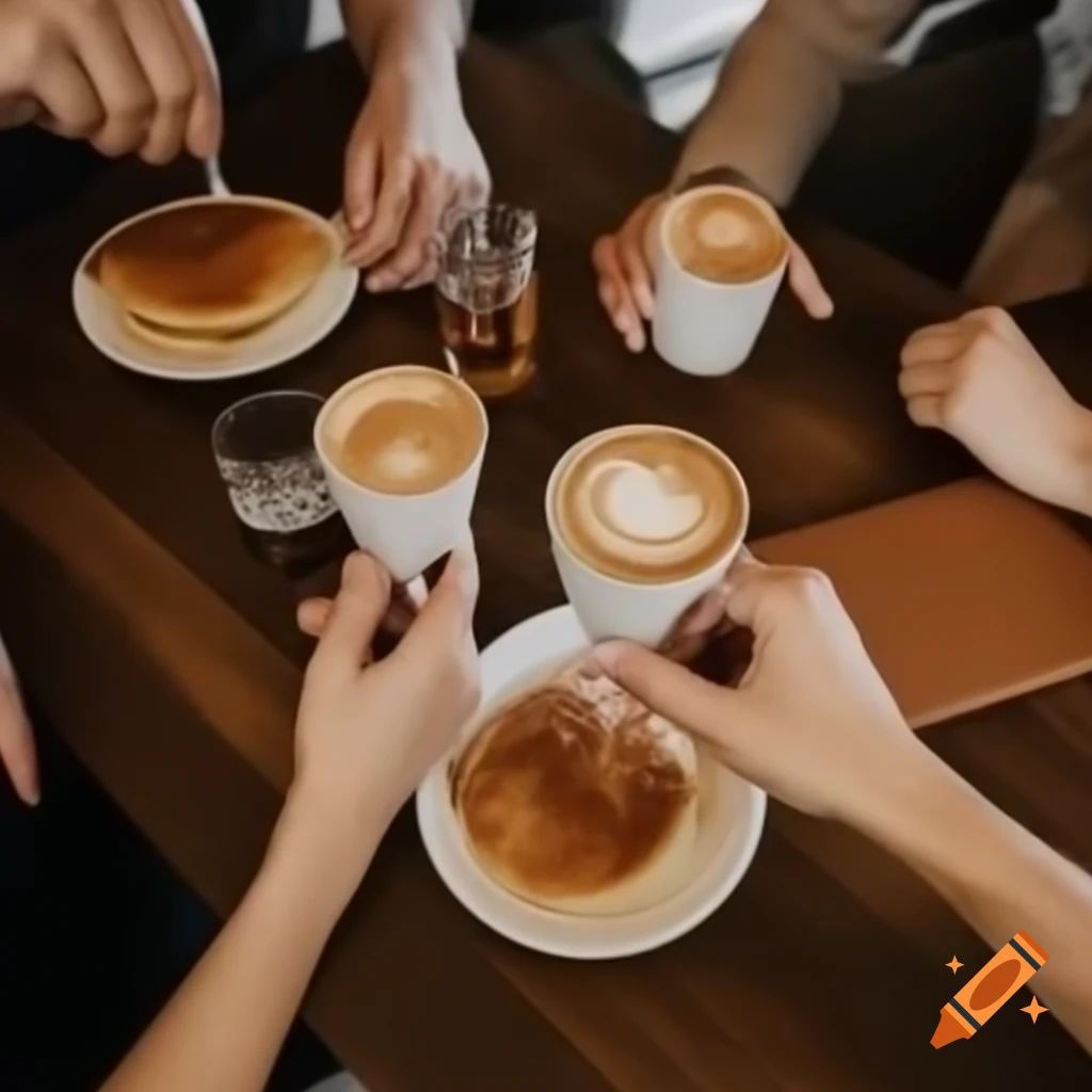 People enjoying coffee and pancakes together