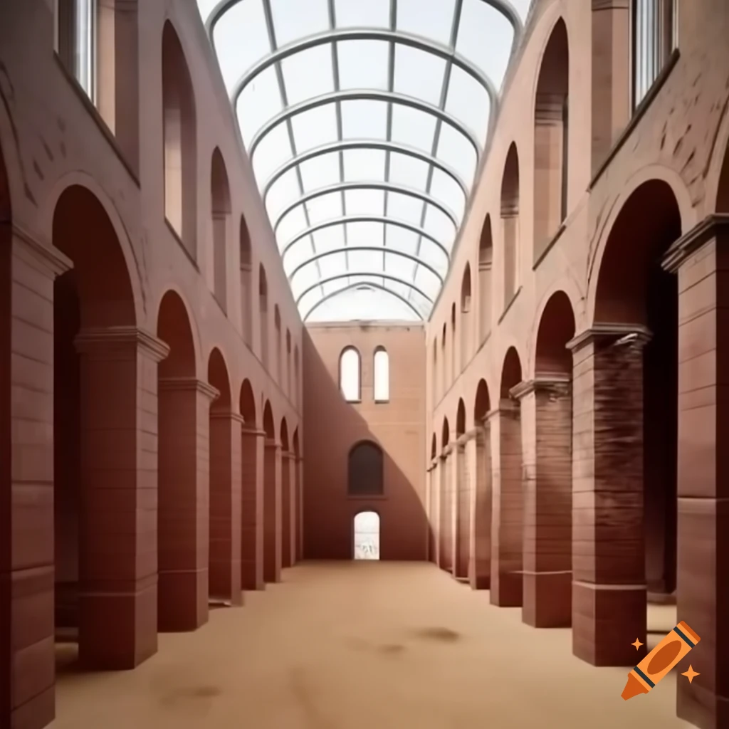 Roman-style chapel and factory with classic bricked walls and tall ...