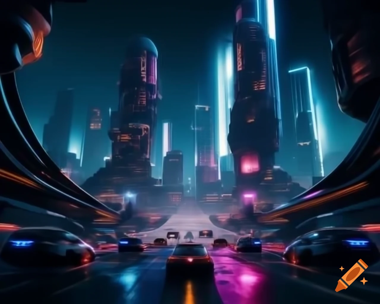 Futuristic cityscape at night with skyscrapers and high-tech vehicles ...