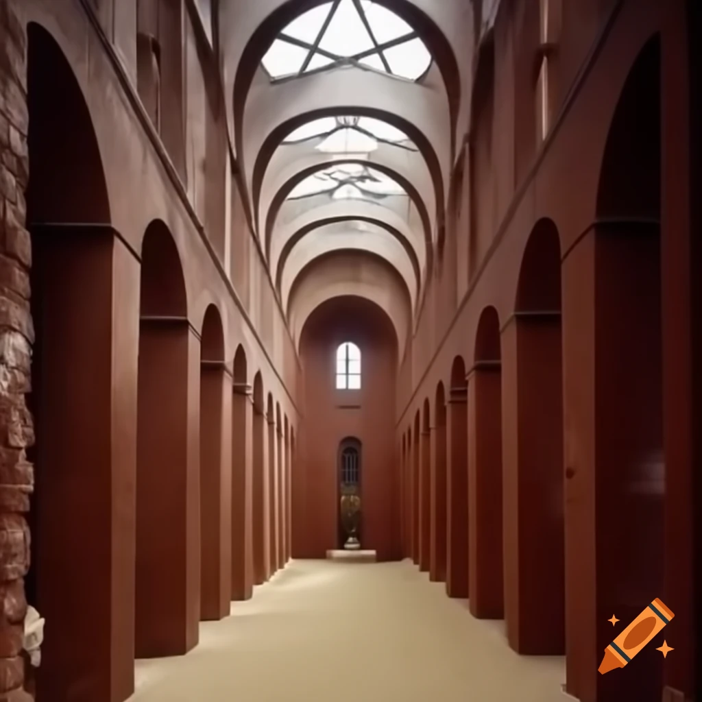 Roman-style chapel factory with alternating white and dark red bricked walls and arches