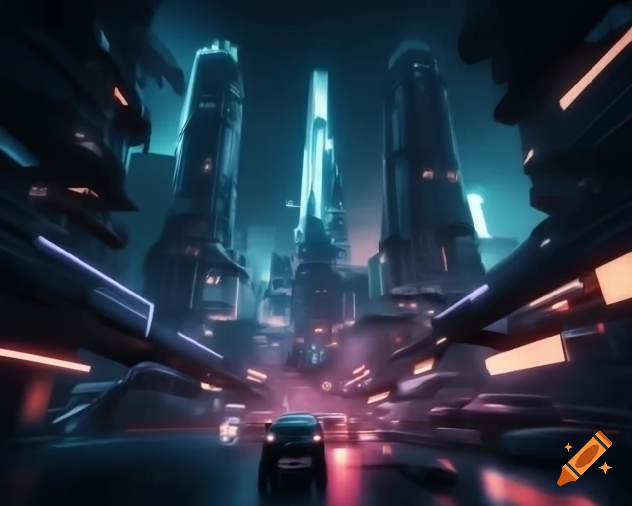 Futuristic cityscape at night with skyscrapers and high-tech vehicles ...