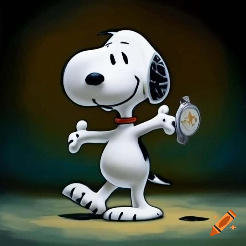 Snoopy dancing with a watch on his arm