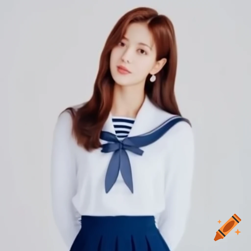 Yoona from SNSD in stylish school uniform, structured white shirt and navy skirt, hyperrealistic fashion