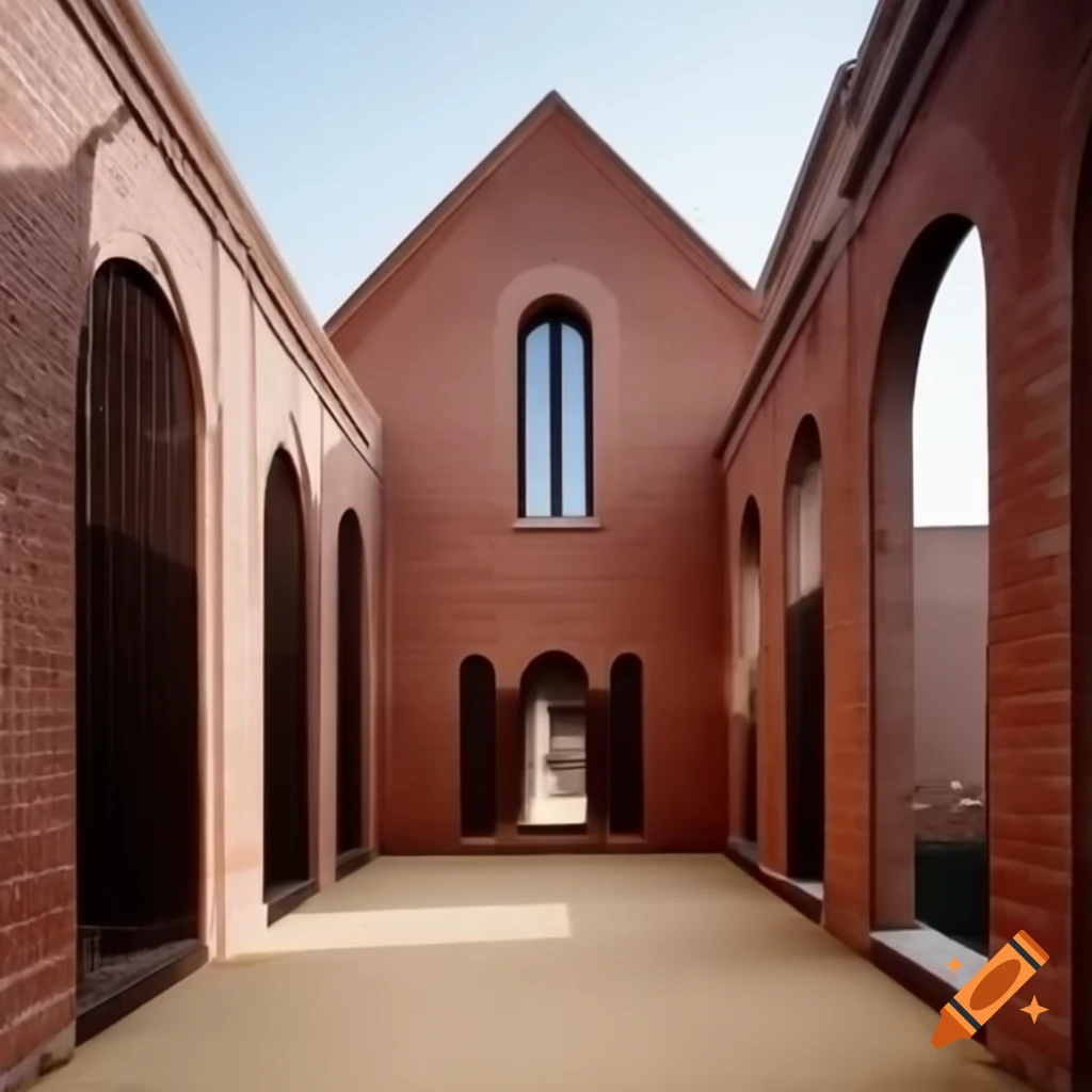 Roman-style chapel factory with alternating white and dark red bricked walls and arches