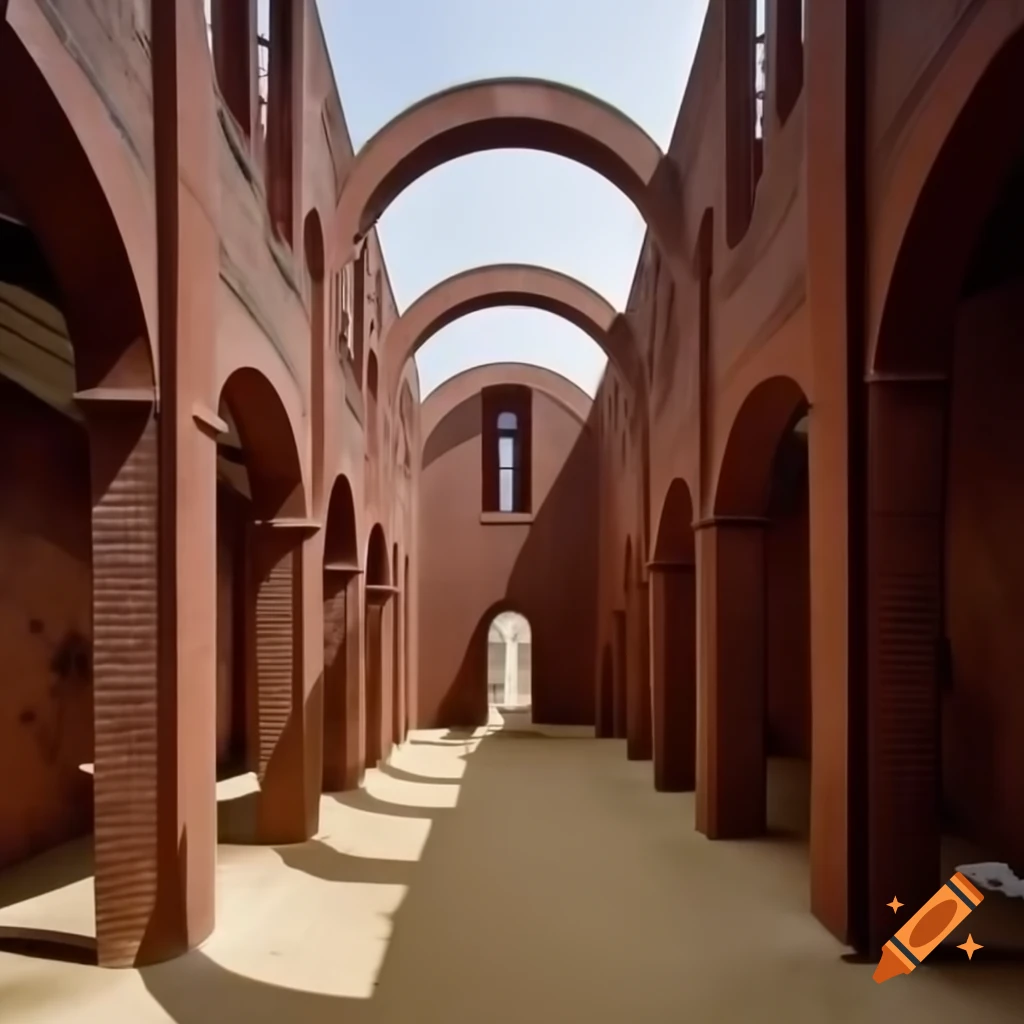 Roman-style chapel factory with alternating white and dark red bricked walls and arches
