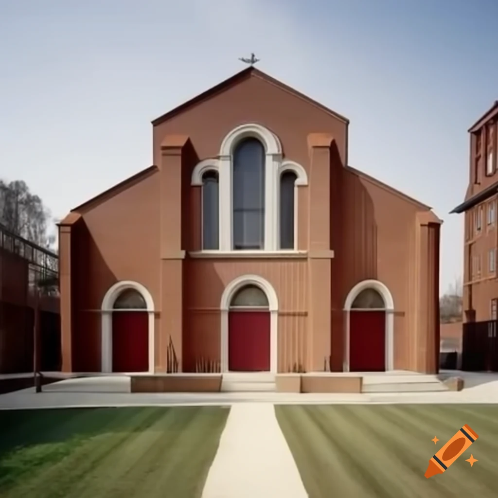 Roman-style chapel factory with alternating white and dark red bricked walls and arches