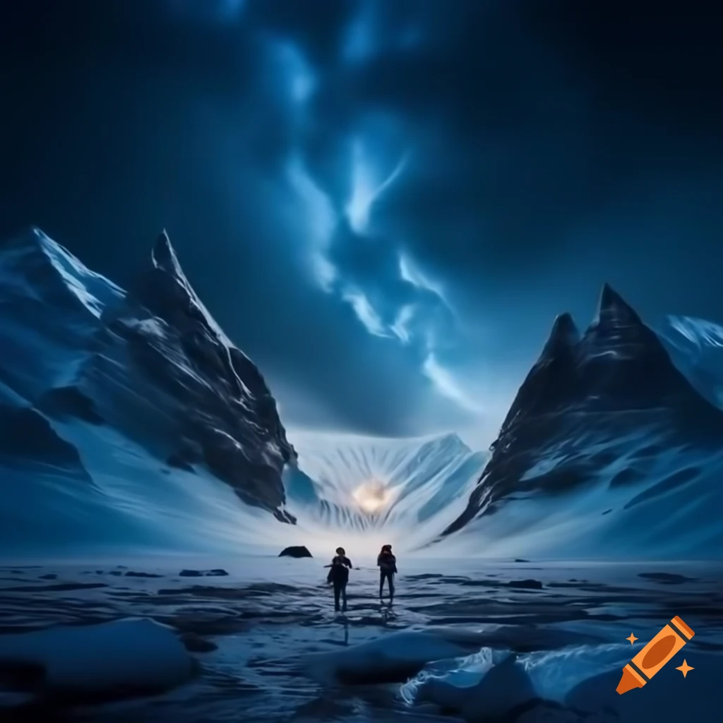 Explorers in icy Antarctic landscape under stormy sky with snow-covered mountains