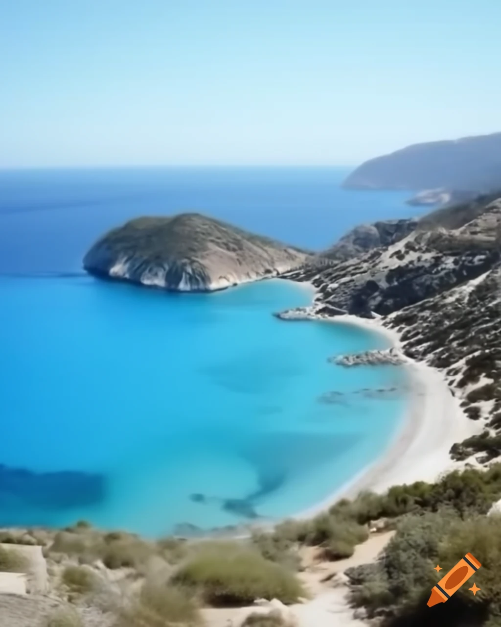 Greek coastline featuring nature and sea, resembling a photograph