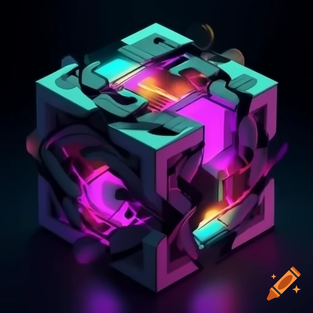 Surreal geometric abstraction of a hypercube in six dimensions with glowing edges and fractal patterns