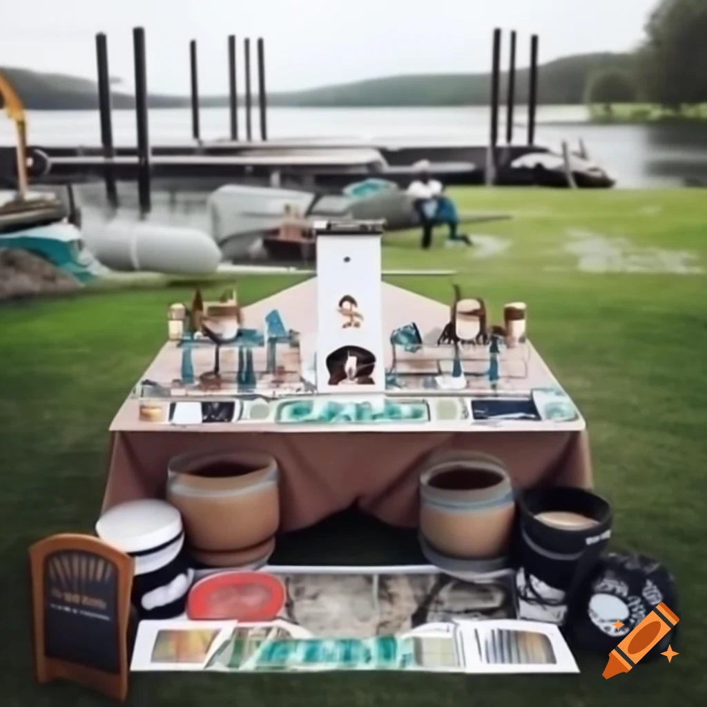 Lakeside fishing championship setup for 45th birthday with dock, boat, trophy fish, and fishing gear