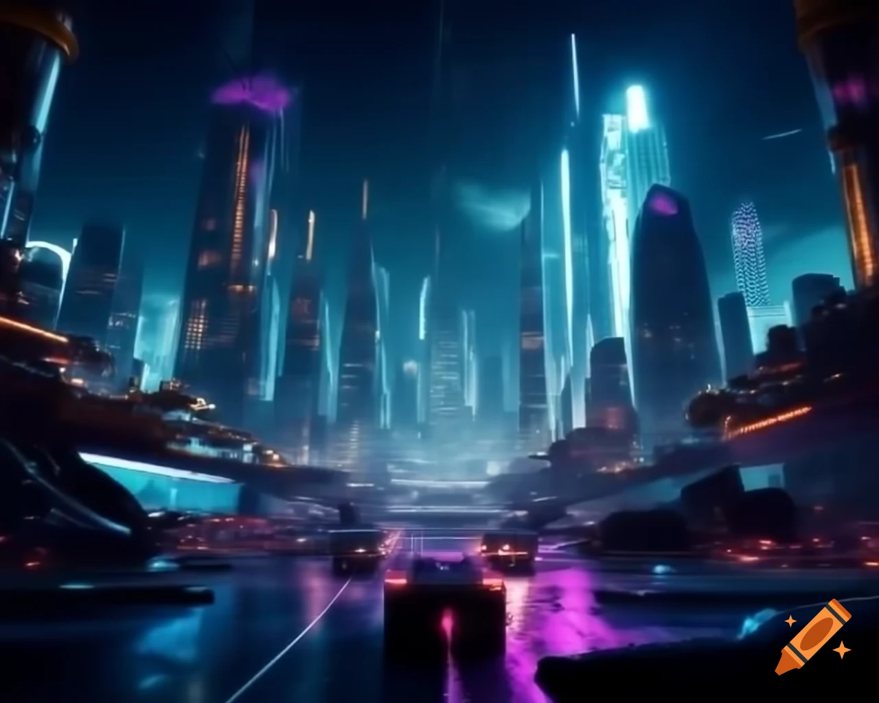 Futuristic cityscape at night with skyscrapers and high-tech vehicles ...