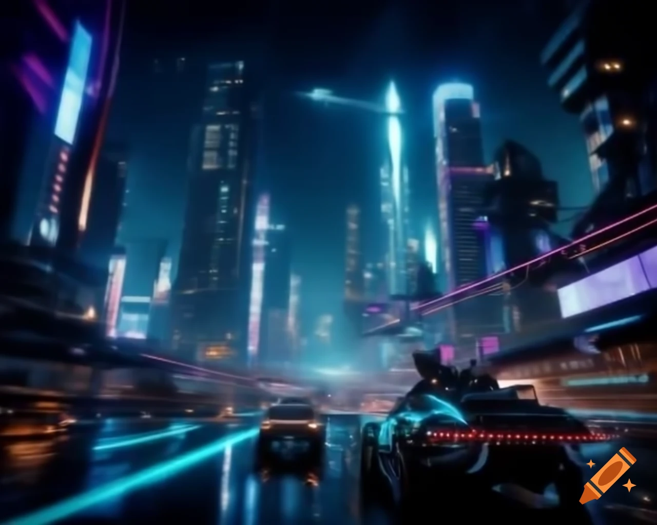 Futuristic cityscape at night with skyscrapers and high-tech vehicles ...