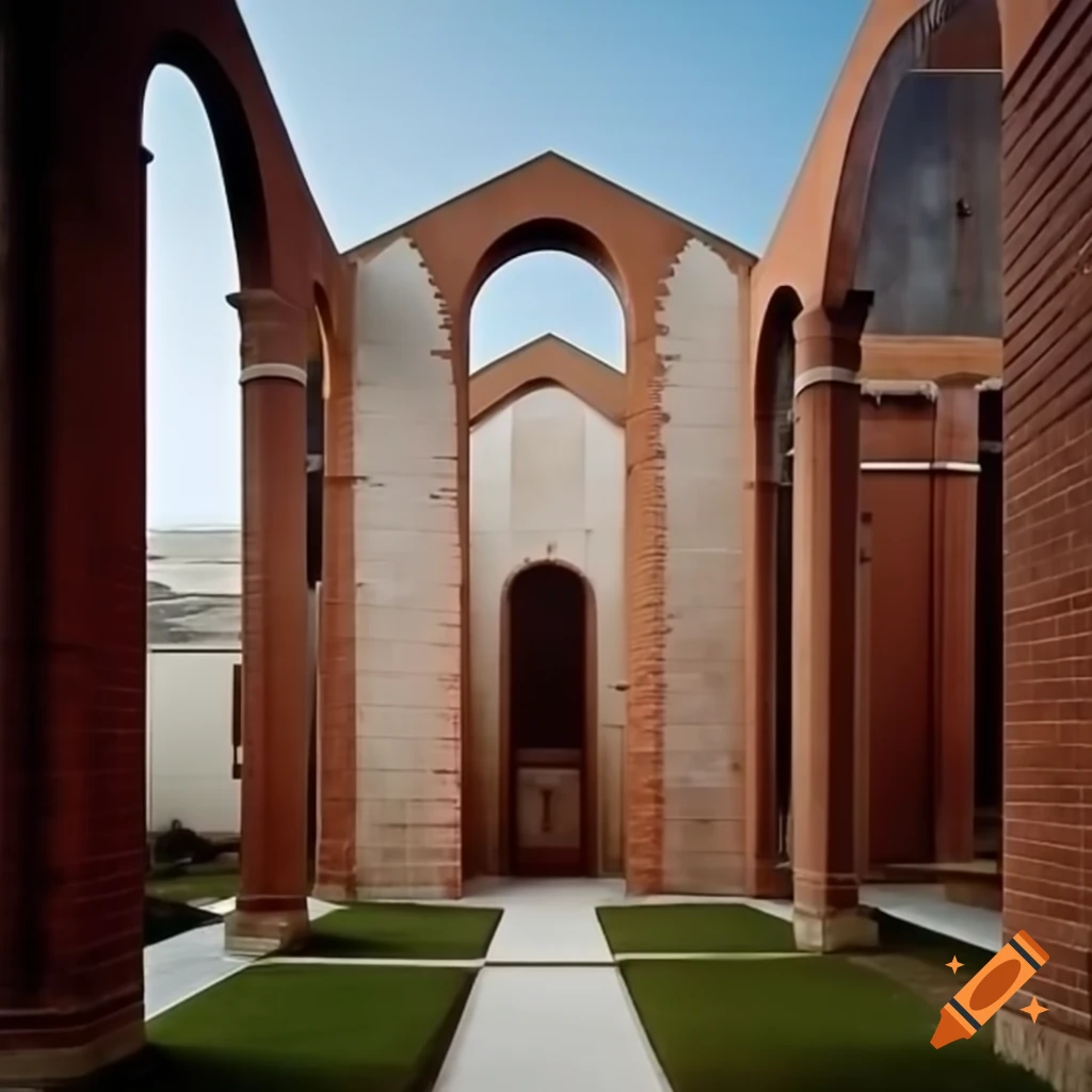 Roman-style chapel factory with alternating white and dark red bricked walls and arches