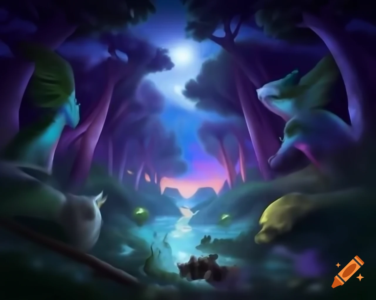 Enchanted forest with mythical creatures and tall trees on Craiyon