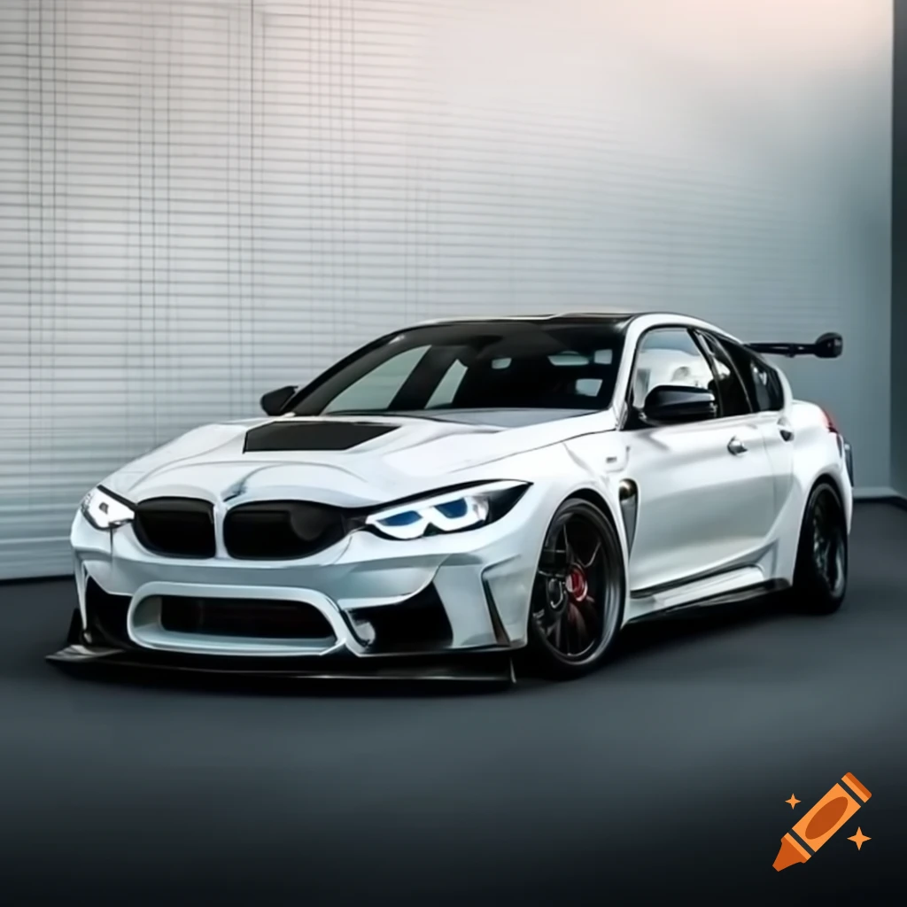 BMW M5 car with white body and black alloy wheels featuring a spoiler and M Sport emblem