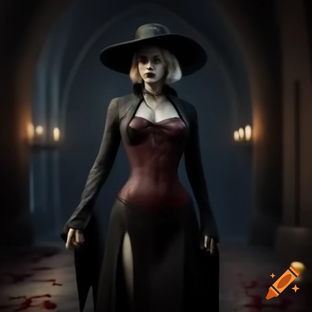 Full-body portrait of Bela Dimitrescu in gothic vampire attire