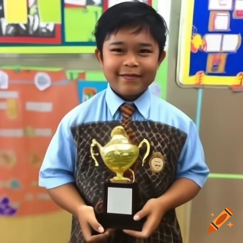 Indonesian student with dwarfism celebrating first-place win at elementary school