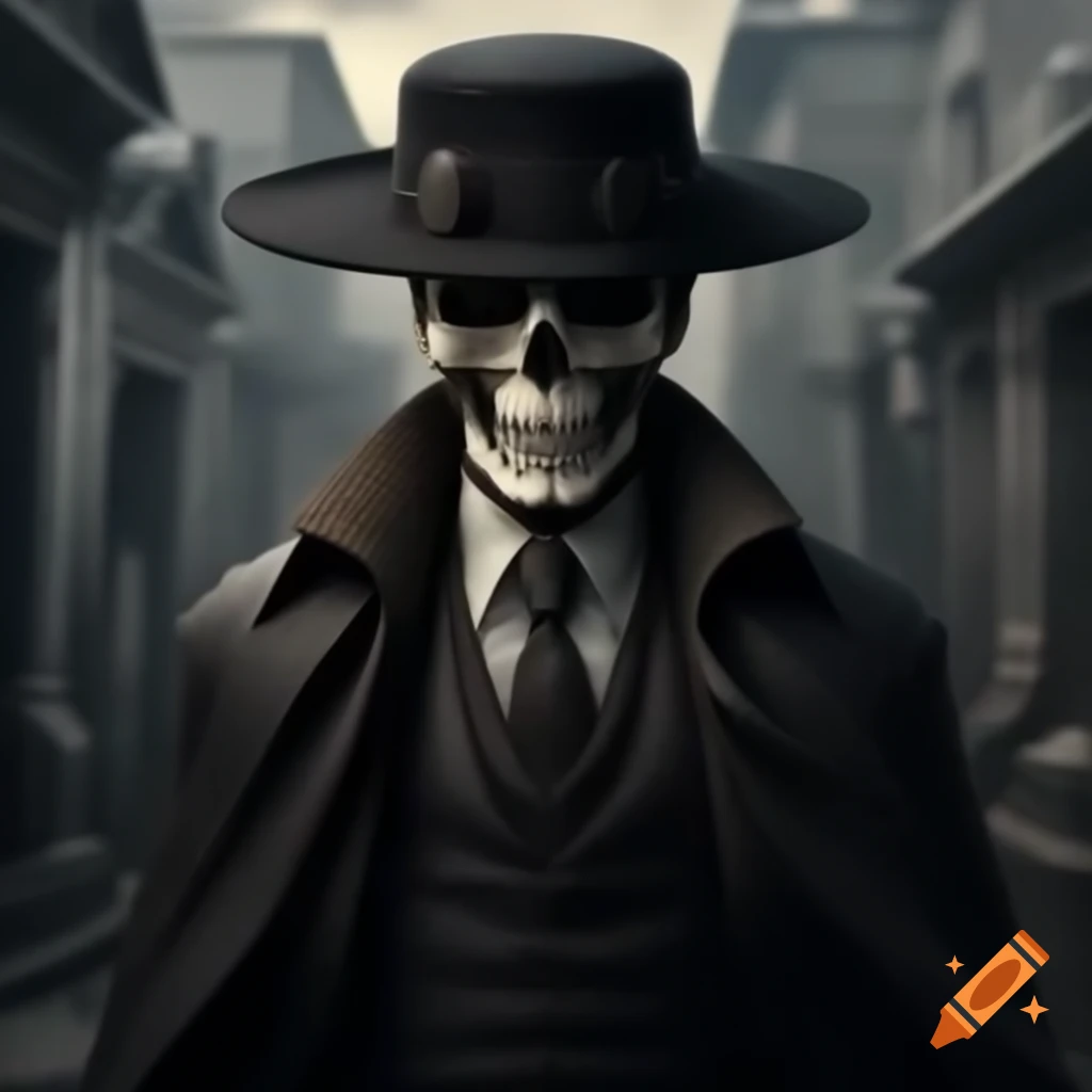 Skeletal figure in black suit wielding scythe in ancient cemetery shrouded in fog