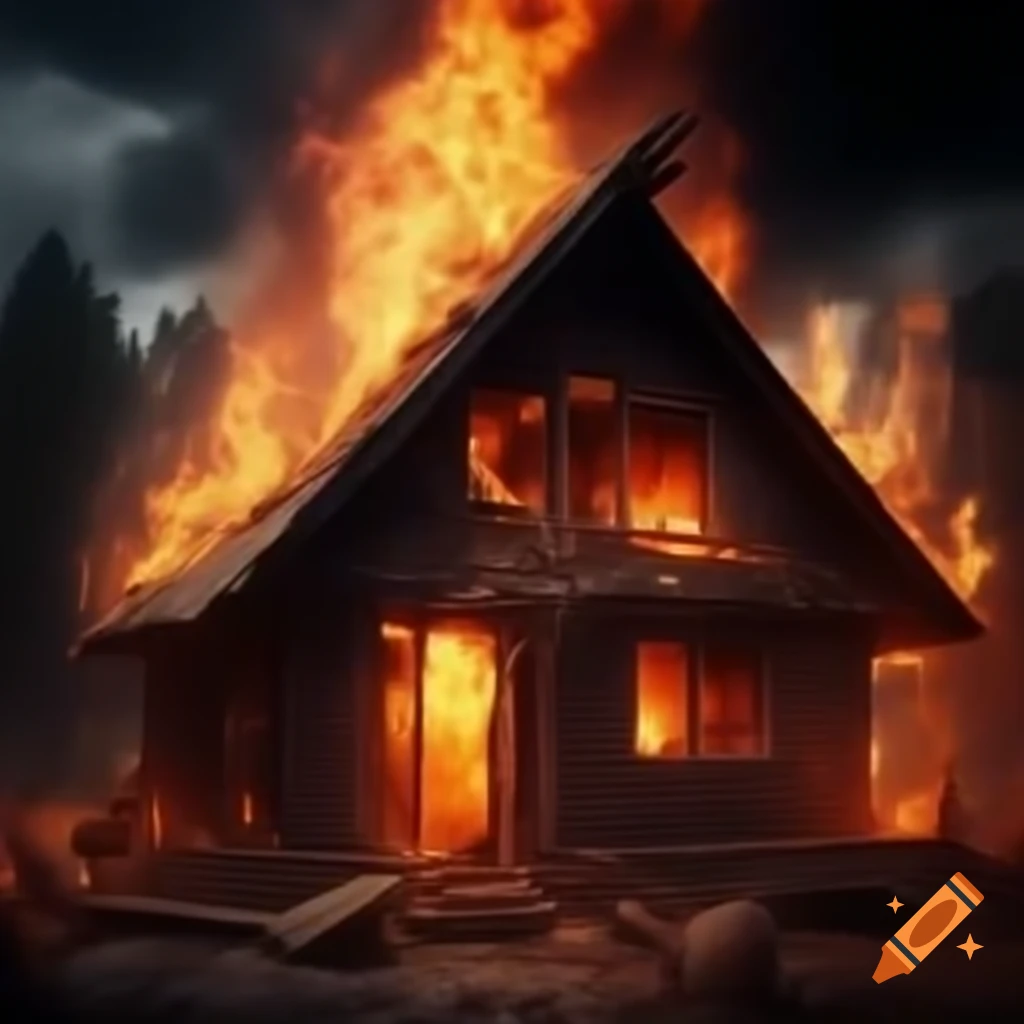 Realistic depiction of a dwelling engulfed in flames at 4k resolution