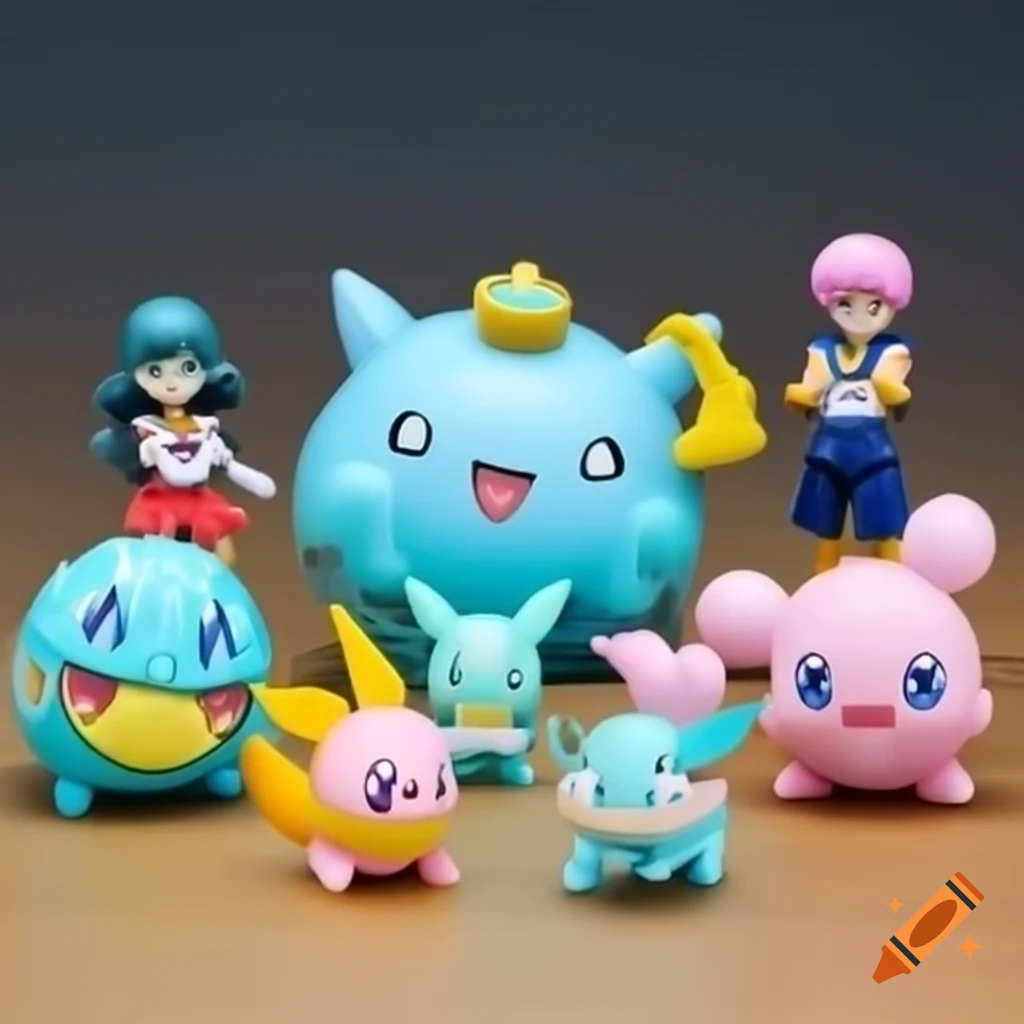 Collection of cute Japanese anime toys and figures, including Gundam, Sailor Moon, Pokémon, and more