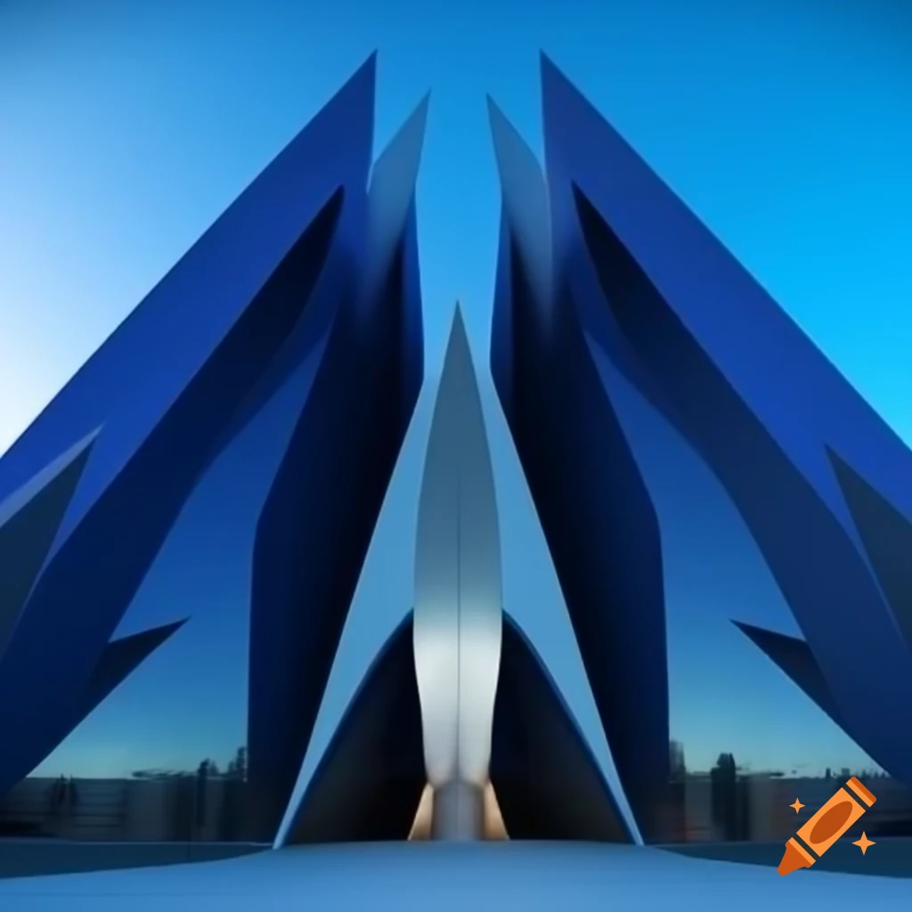Contemporary government complex with navy blue and white color scheme featuring waving hand motif