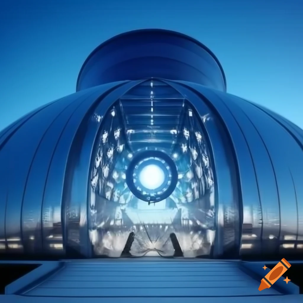 Futuristic government service center with navy blue and white design featuring a large magnifying glass icon