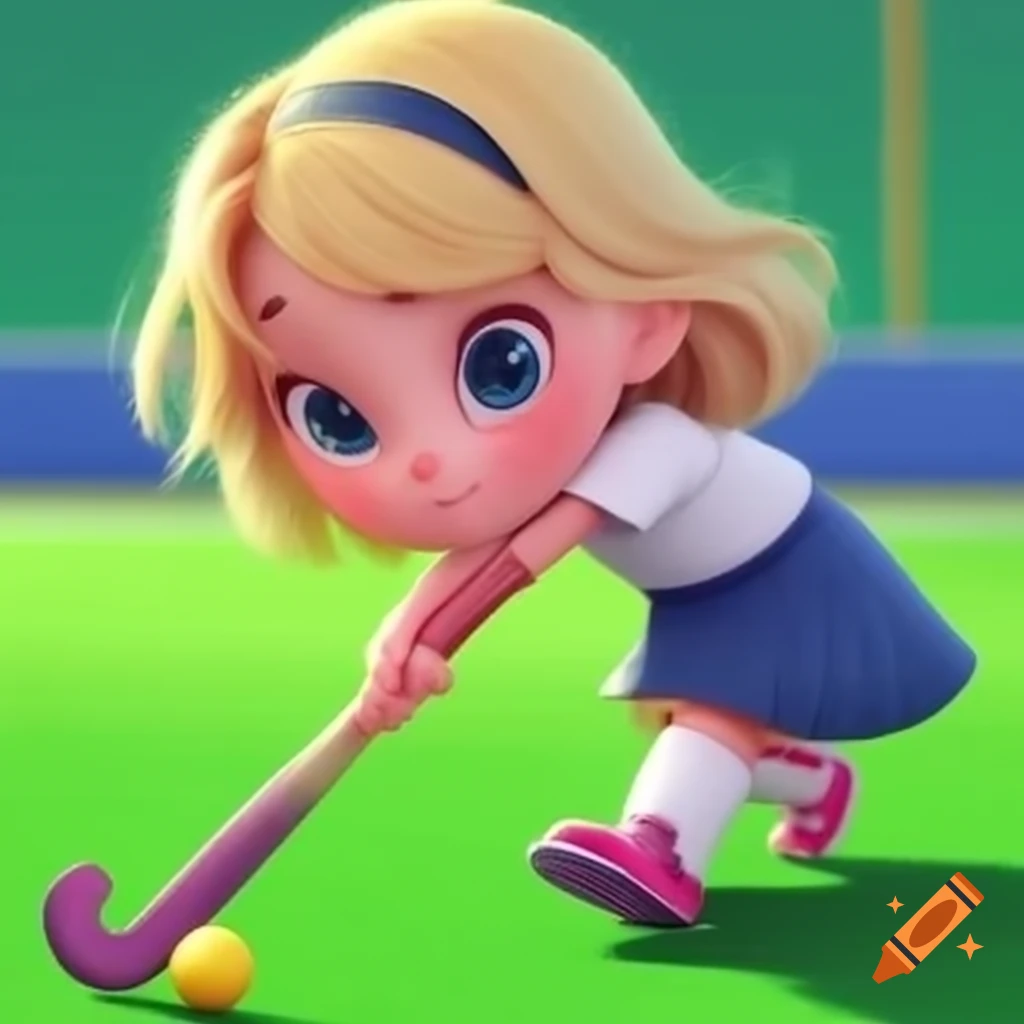 Realistic field hockey scene featuring a blonde girl