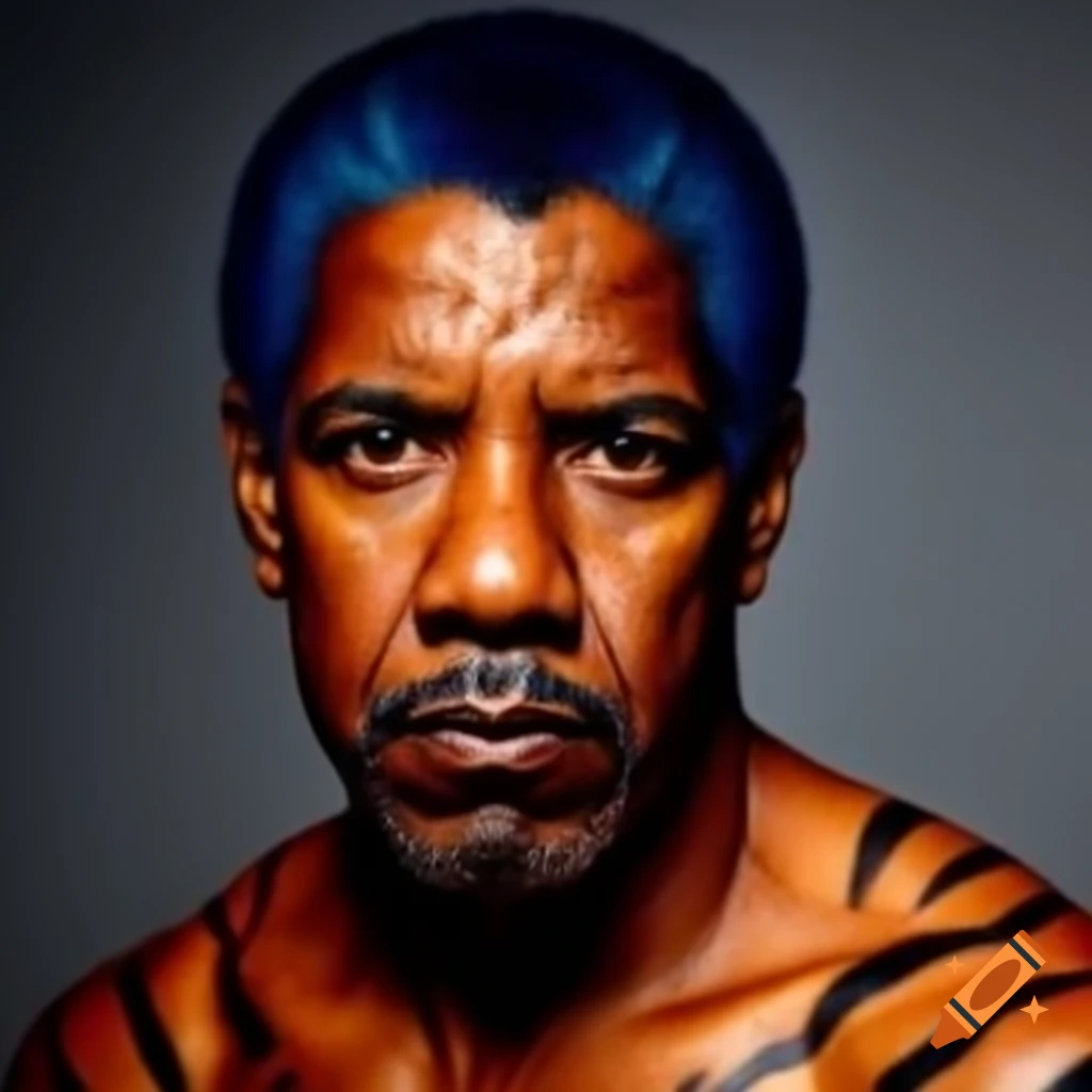 Muscular figure resembling Denzel Washington with tiger-style makeup and blue hair
