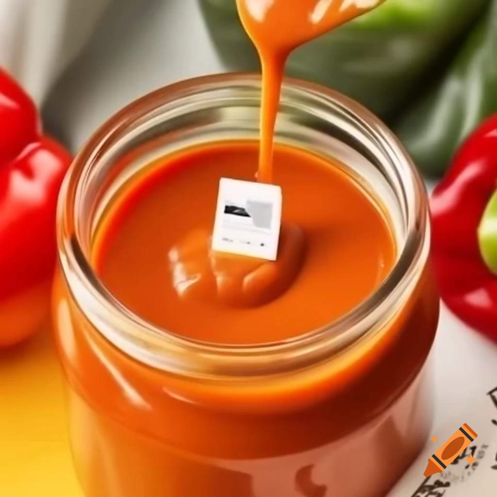 Homemade organic red bell pepper sauce in attractive glass packaging with logo