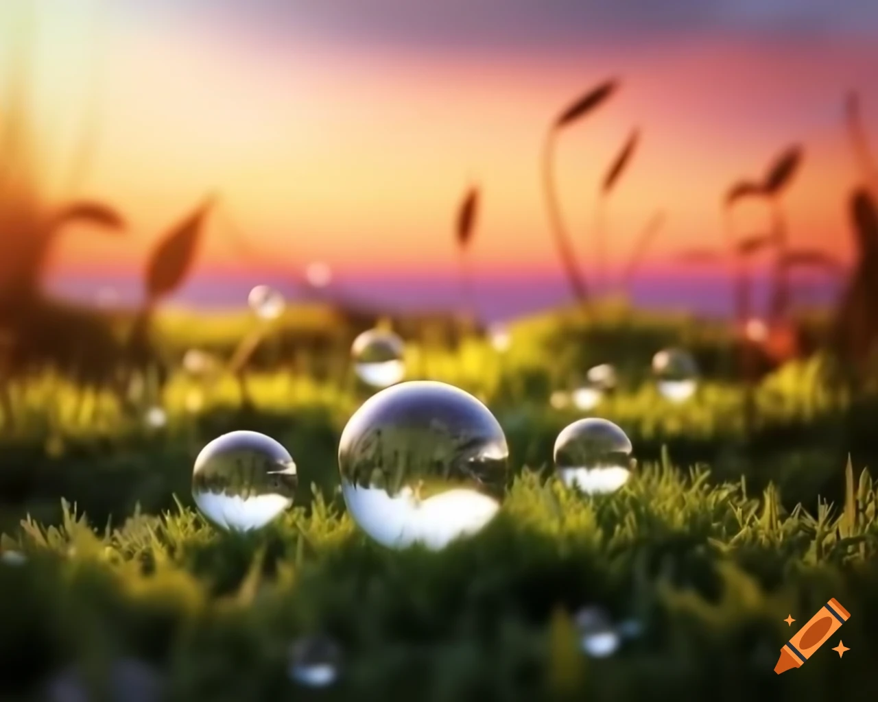 Dew drops resembling transparent spheres over emerald green meadow in serene valley
