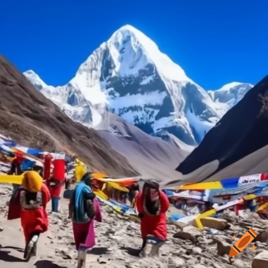 Pilgrims trekking to Adi Kailash with snow-clad mountain and Tibetan prayer flags