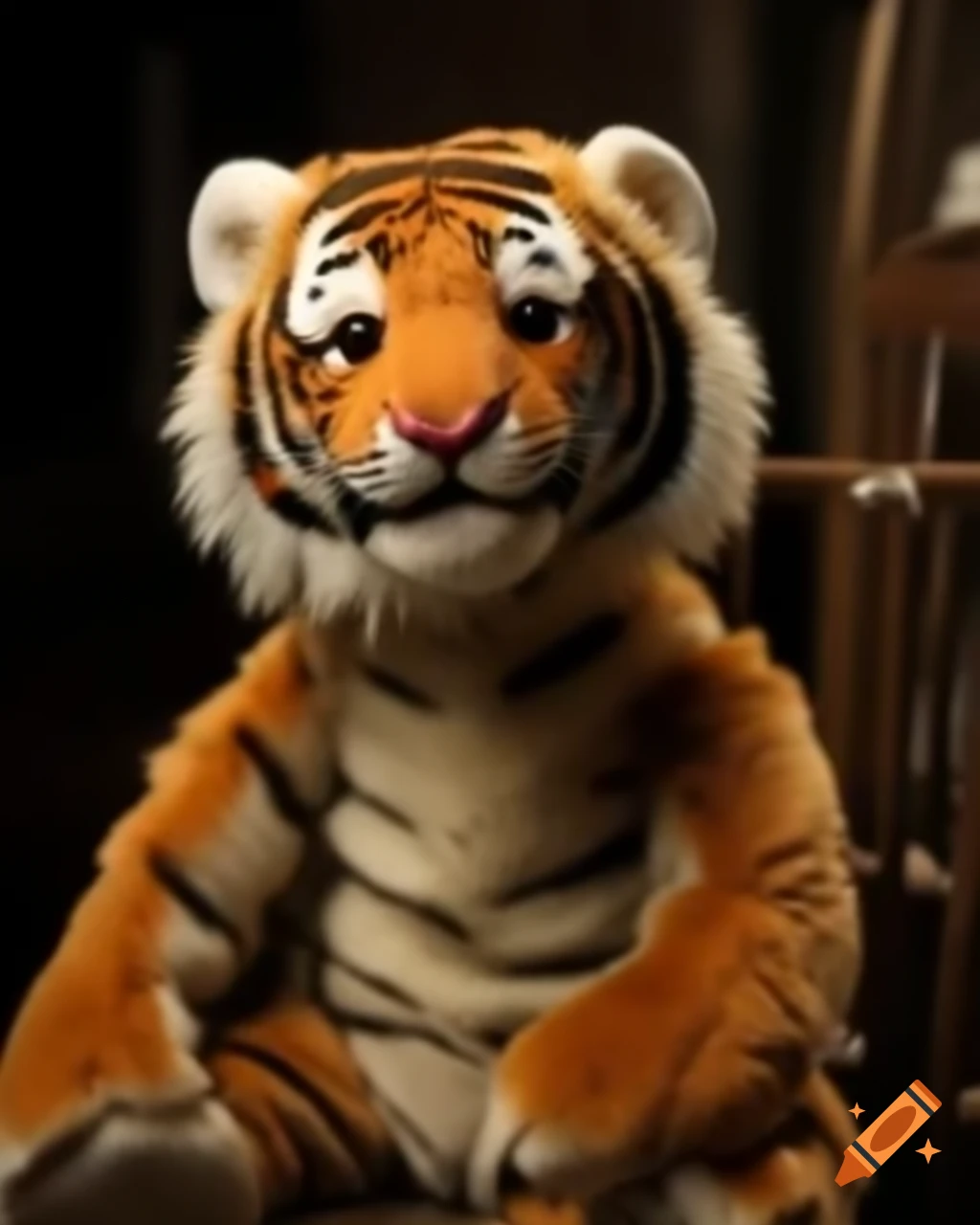 Fluffy mature-sized furry puppet resembling an adult tiger