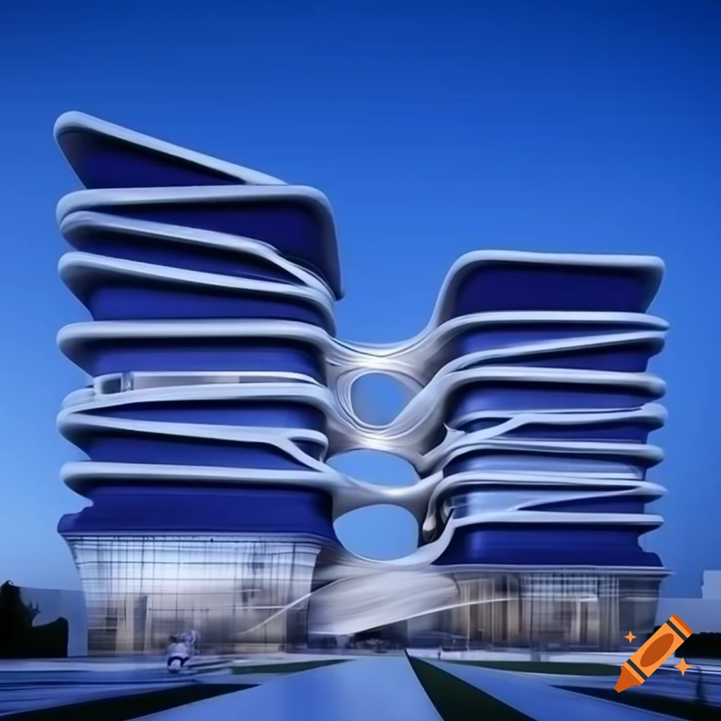 Contemporary government complex with navy blue and white color scheme featuring waving hand motif
