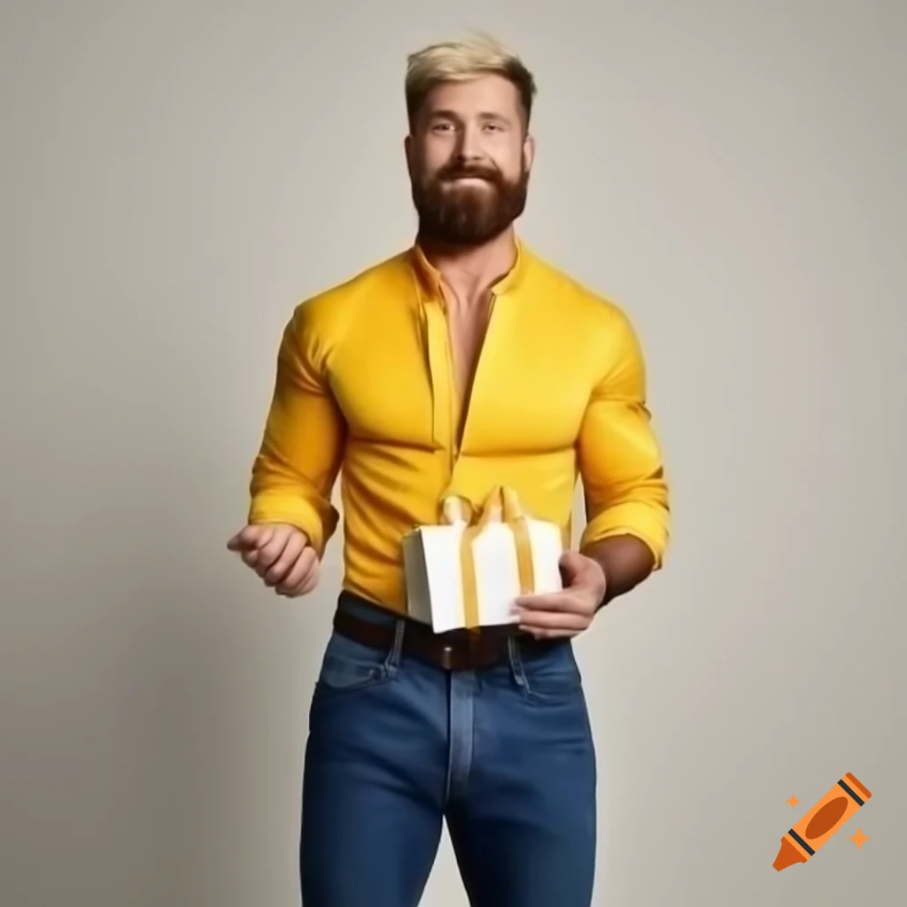 Athletic man in formal yellow shirt holding gift box and smiling